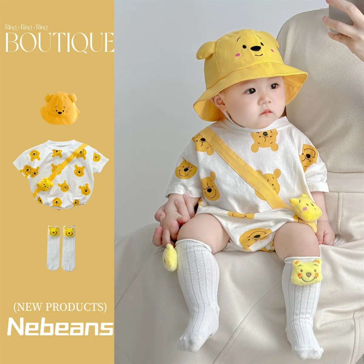 Disney Newborn Baby Romper Sock Hat 3 Pcs Set Boy Girl Cartoon Winnie the Pooh Donald Daisy Duck Cotton Jumpsuit Infant Bodysuit