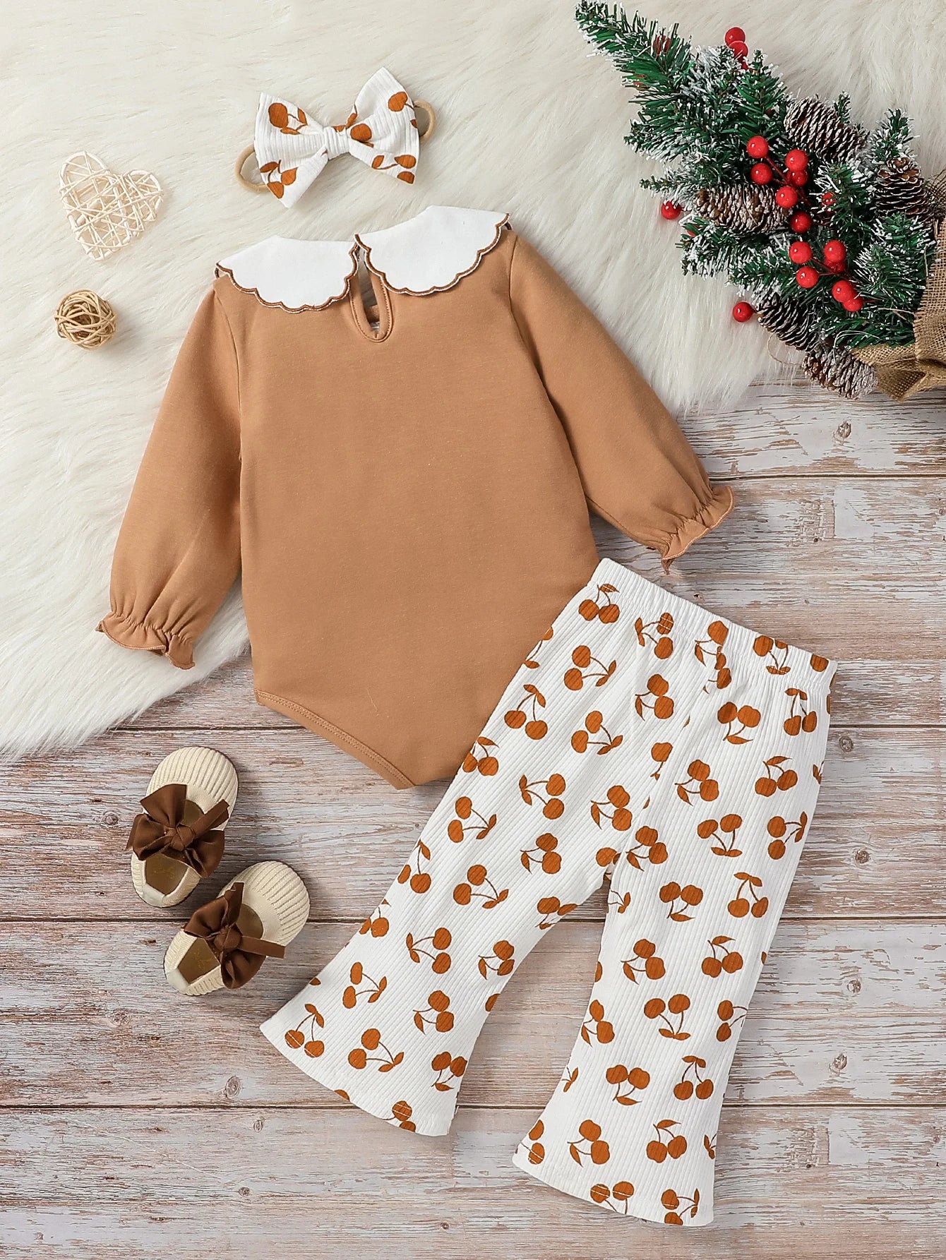 Baby Girl Honey Fall Outfits Cherry Embroidered Doll Collar Long Sleeve Romper + Flare Pants For Newborn-18M 2Pcs Clothes Set