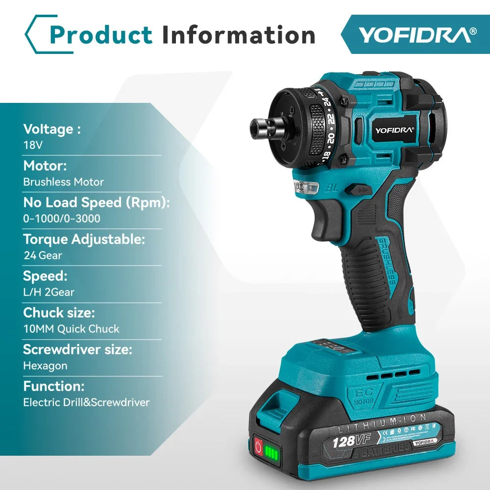 YOFIDRA 2 in1 Brushless Electric Screwdriver Hammer Cordless Drill Impact Multifunctional Power Tool For Makita 18V Battery Pin