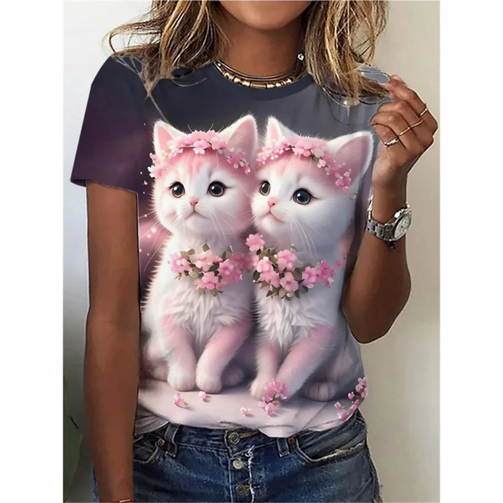 Funny Cat Pattern Children's T-Shirt Girl Cute Animal 3D Printed Fashion Top Short Sleeve Tee Summer Children Clothes Girl Tops