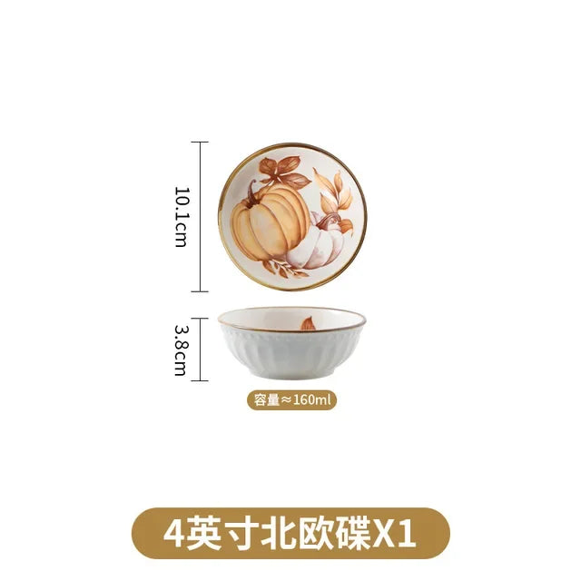 1PC Pumpkin Bowl Dish Tableware Household Ceramic Dishes Soup Double Ear Baking Plate Circular Bamboo Hat