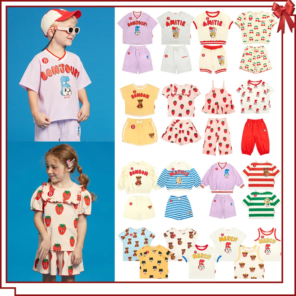 Summer Korean Children Clothes Set Bebe Girls Strawberry Print Vest Tee Boys Cartoon T-shirts Shorts Kid Sweatshirts Tee Pants