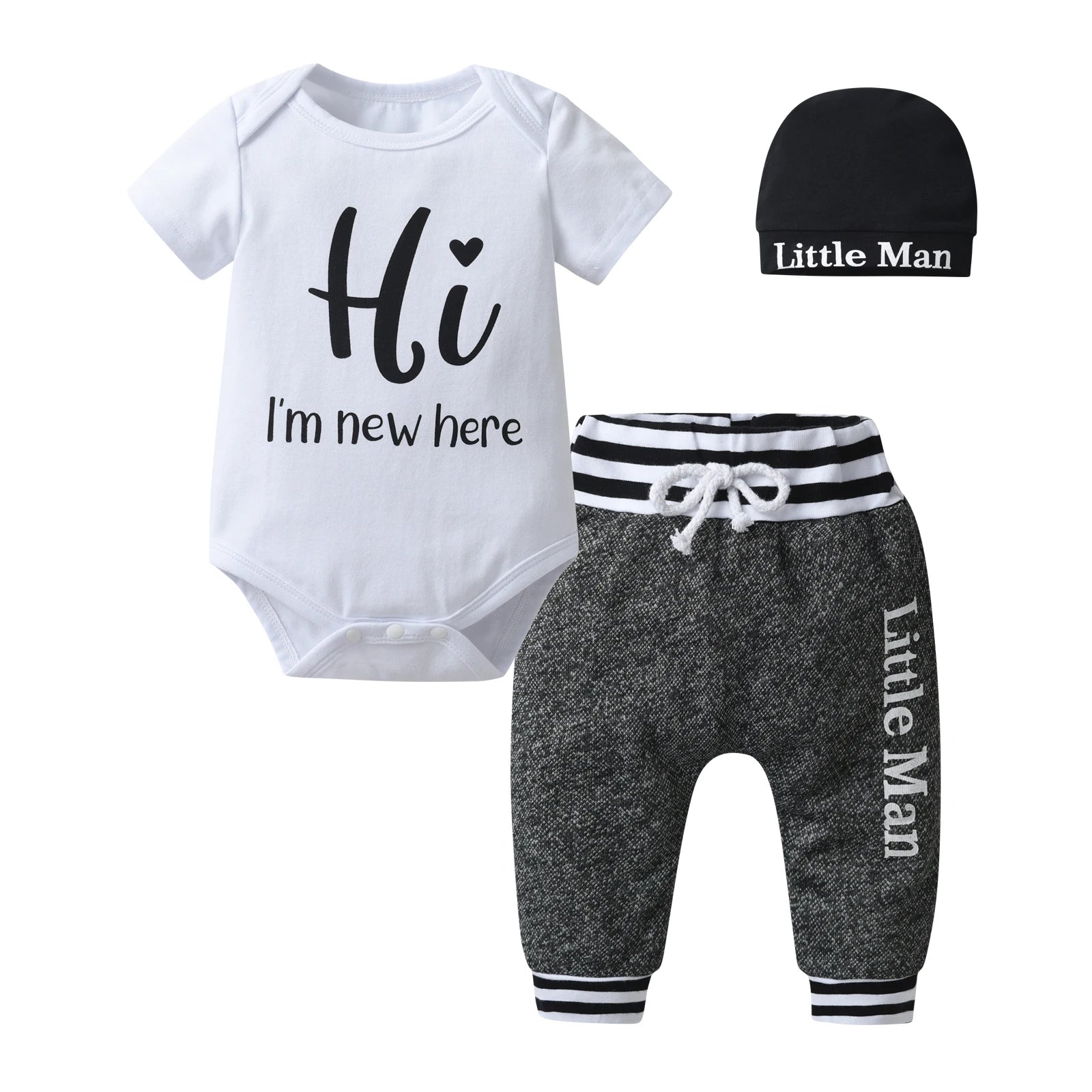 New Summer Newborn infant Baby Boy Fashion Clothes Set Patchwork Short Sleeve Romper Top and Long Pants with Hat 3PCS Outfit