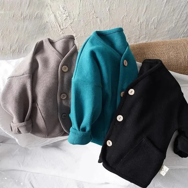 Korean Children's Loose Solid Color Long Sleeved Cardigan Autumn Style Pure Cotton Casual Top Jacket for Boys and Girls