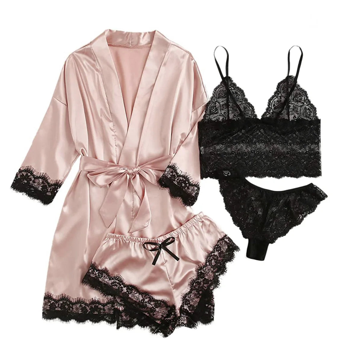 New Women's Sleepwear Set For Summer, A 4-piece Lace Camisole Home Outfit With A Robe, A Sexy V-neck Tie-sleeve Nightdress
