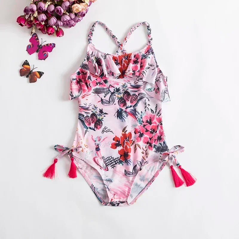 2024 New One-Piece Swimsuit Baby Girl Backless Flower Bikini Beach Holiday Swimming Bathing Suit Children Kids 1-5 Year Swimwear