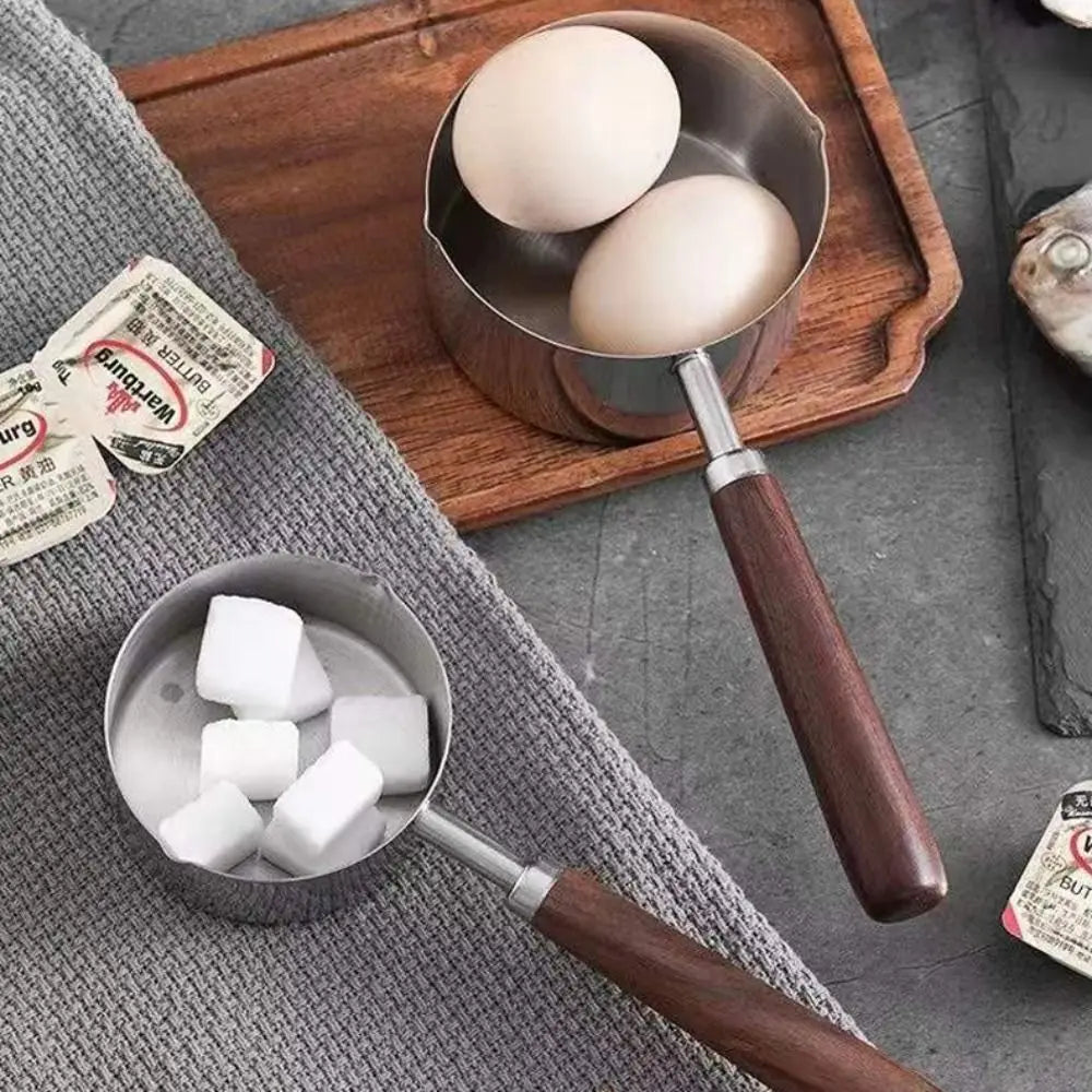 Dripping Sauce Pot Wooden Handle Milk Pan 304 Stainless Steel Spout Oil Pot Deepen with Scale Small Sauce Pan Butter Melting
