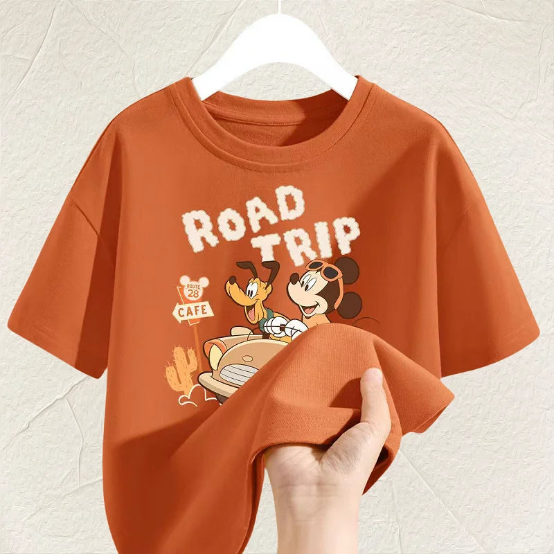 Summer Baby Girls Solid Clothes Kid Boy Disney Mickey Printed Short Sleeve T-shirts Children Cartoon O-Neck Soft Breathable Top