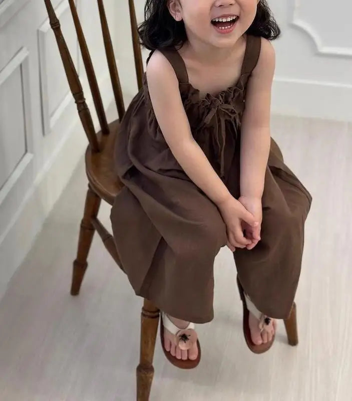 2025 Summer New Girls Jumpsuit Loose Children Wide Leg Pants Cotton Baby Girls Sling Pants Fashion Kids Clothes