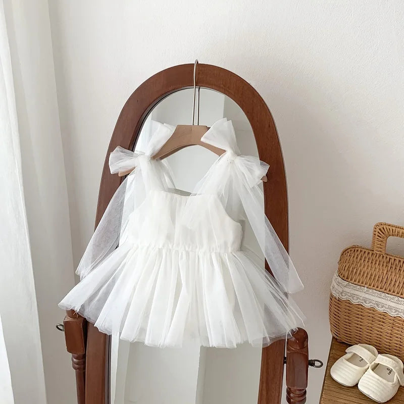 2025 Summer Baby Clothes 100 Day Baptism Birthday Party Sleeveless jumpsuit Mesh Bow Romper Girl Princess Dress