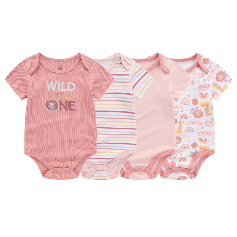 Kiddiezoom 4pcs Fashion Short Sleeve Cartoon Baby Boy Girl Bodysuit 100% Cotton Newborn Boy Girl Onesies Clothes