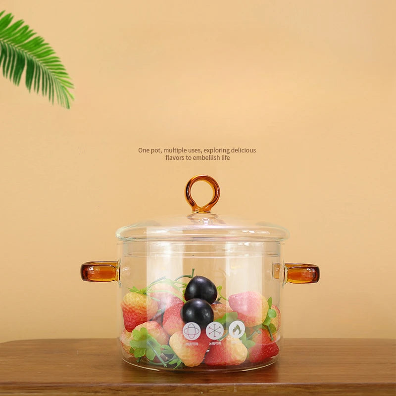 Clear Glass Cooking Pot Nonstick Heat Resistant Soup Stock Pots with Cover Noodle Bowl with Binaural Handle Kitchen Cooking Pots