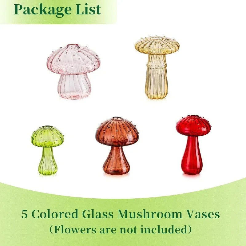 5Pcs/set Colored Glass Mushroom Vase DIY Aromatherapy Bottle Funky Cottagecore Decor for Home Room Office Windowsill Decoration
