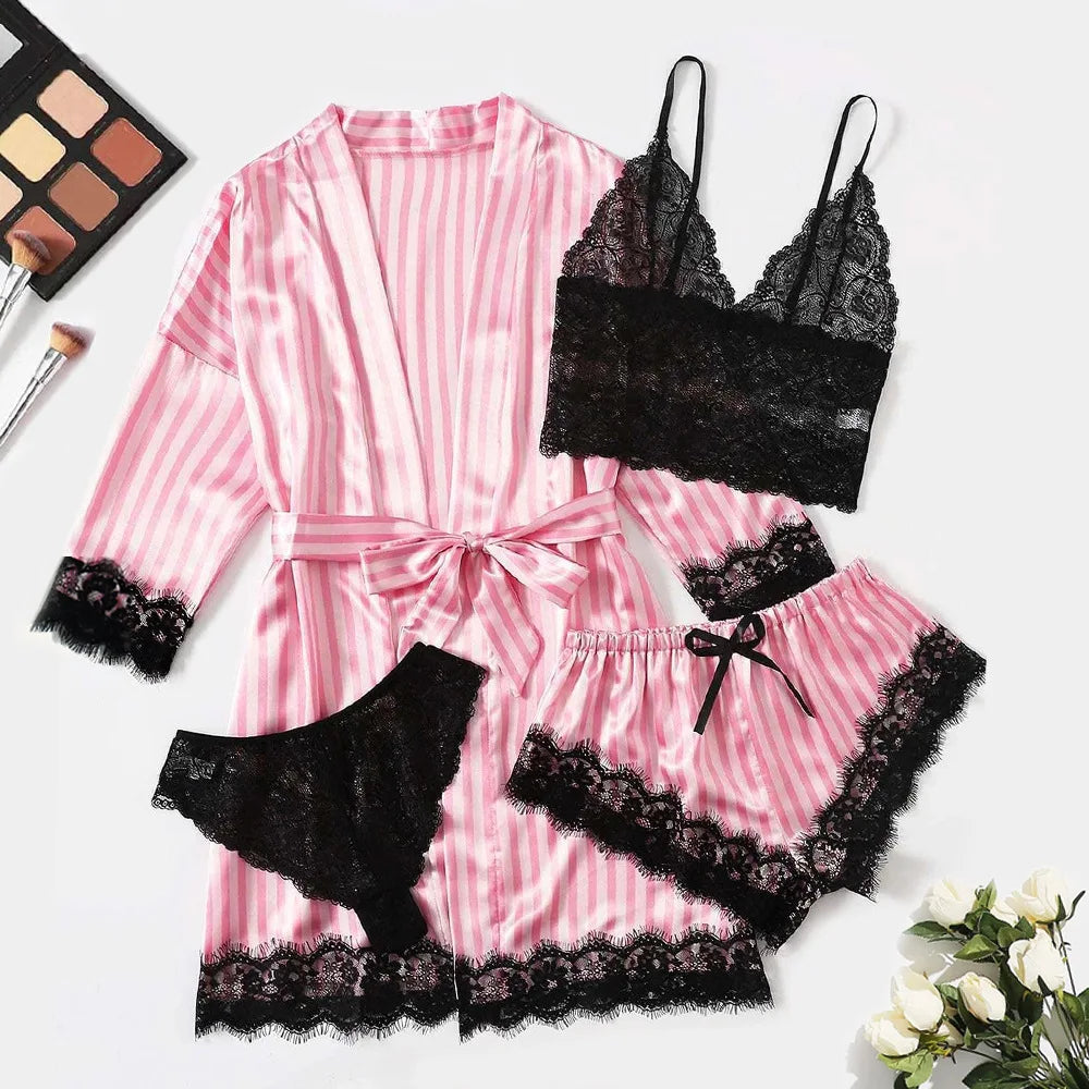 4pcs Women Striped Lingerie Set Lace Trim Robe Camisole Shorts Panties Nightwear Sleepwear Homewear Sexy Pajamas Outfit