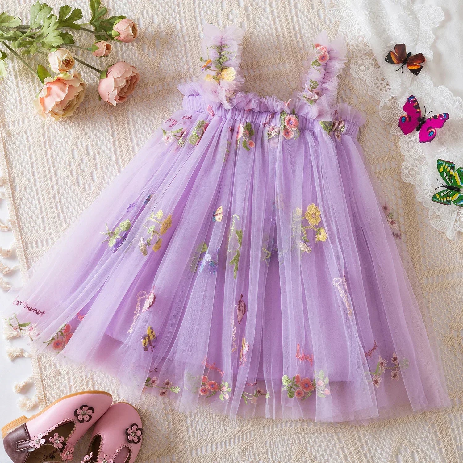 Summer Girls' Princess Party Birthday Dress Sweet Baby Girls Dress Back Bow Wings Fairy Strap Embroidered Butterfly Mesh Dress