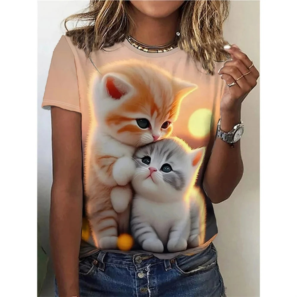 Funny Cat Pattern Children's T-Shirt Girl Cute Animal 3D Printed Fashion Top Short Sleeve Tee Summer Children Clothes Girl Tops
