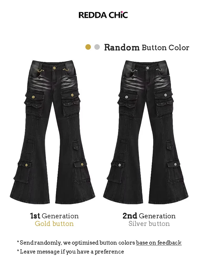REDDACHiC Black Low Waist Cargo Jeans 2000s Distressed Whiskers Multi-pocket Stretch Bootcut Pants Women Retro Grunge Streetwear