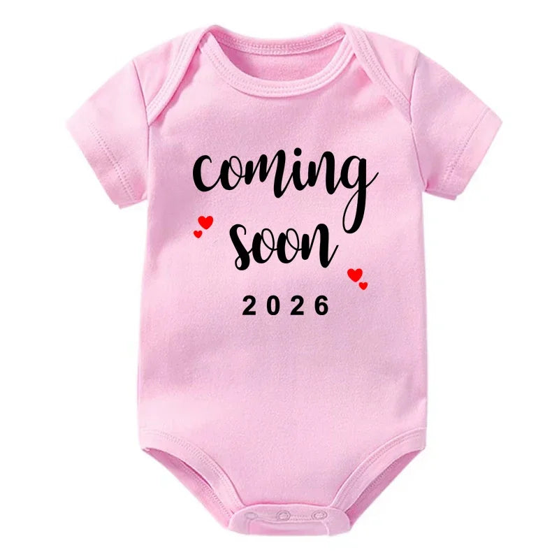 Coming Soon 2026 Baby Announcement Clothes Cotton Newborn Baby Bodysuits Summer Boys Girls Romper Body Pregnancy Reveal Clothes