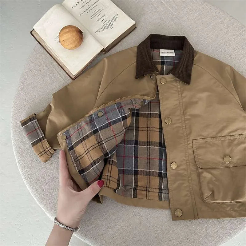 2025 UNITIM Spring Autumn Kids Boys Jacket Plaid Spliced ​​Pocket Long Sleeve Toddler Boys Outerwears Coat Children Boys Jacket