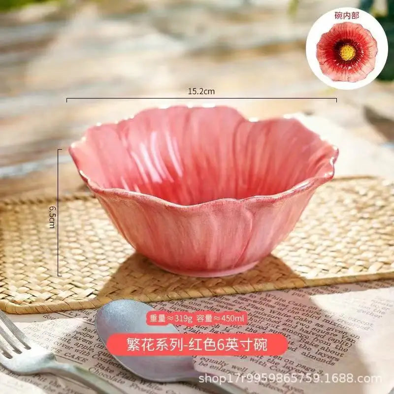 Pink Ceramic Flower Plate Dining Plates Decorative Bowl Dessert Plate Soup Bowls Water Cup Serving Plates Fruit Bowl Snack Bowls