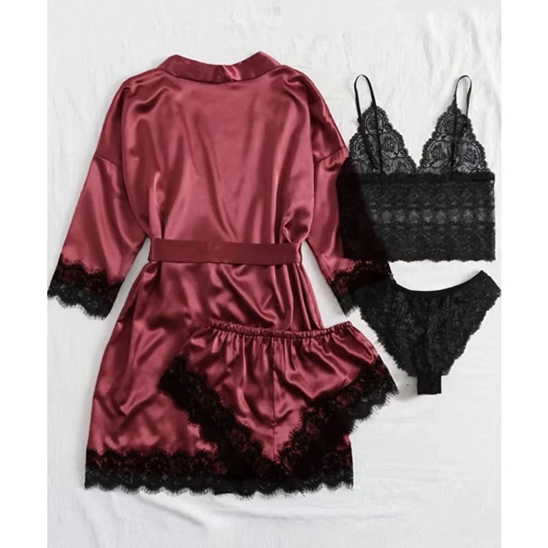 Women's Summer Sexy Pajama Pants Set 4 Pieces Lace Satin With Silk Sleepwear Robe Fashion And Comfortable Nightwear