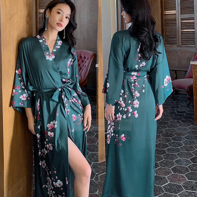 New Spring Summer Female Long Robe Nightgown Sexy Print Flower Kimono Bathrobe Gown Casual Silk Satin Home Dress Lounge Wear