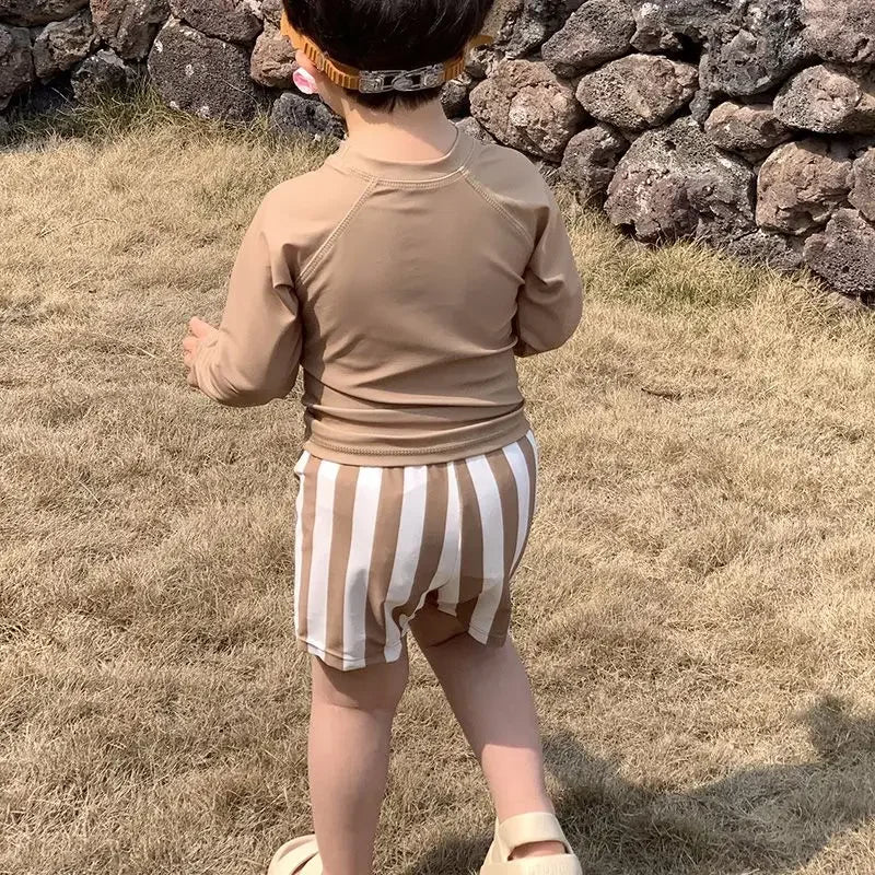 Baby Boys Swimming Wear Spell Color Long Sleeve Swimsuit + Shorts 2pcs Suit Children Quick Drying Swimwear