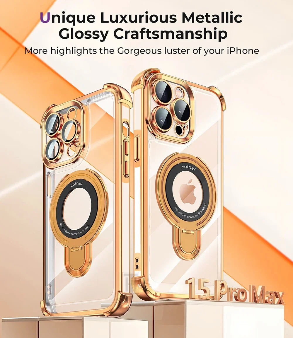 Luxury Golden Platinum TPU Ring Stand Transparent Phone Case for iPhone 16 15 14 13 11 12 Pro Max Plus - Magsafe Magnetic Protective Cover