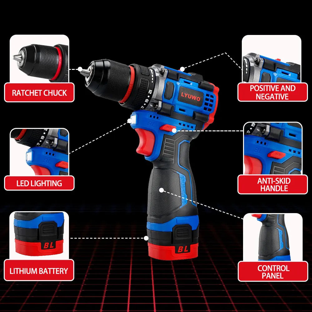 The seven core components of LYUWO lithium battery drill feature superior design from the chuck to the control panel.