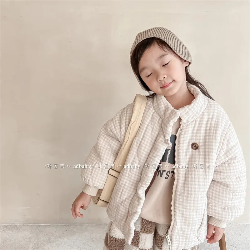 2025 New Winter Toddlers Kids Plaid Thicken Coats Korean Style Fleece Lining Children Warm Outerwear