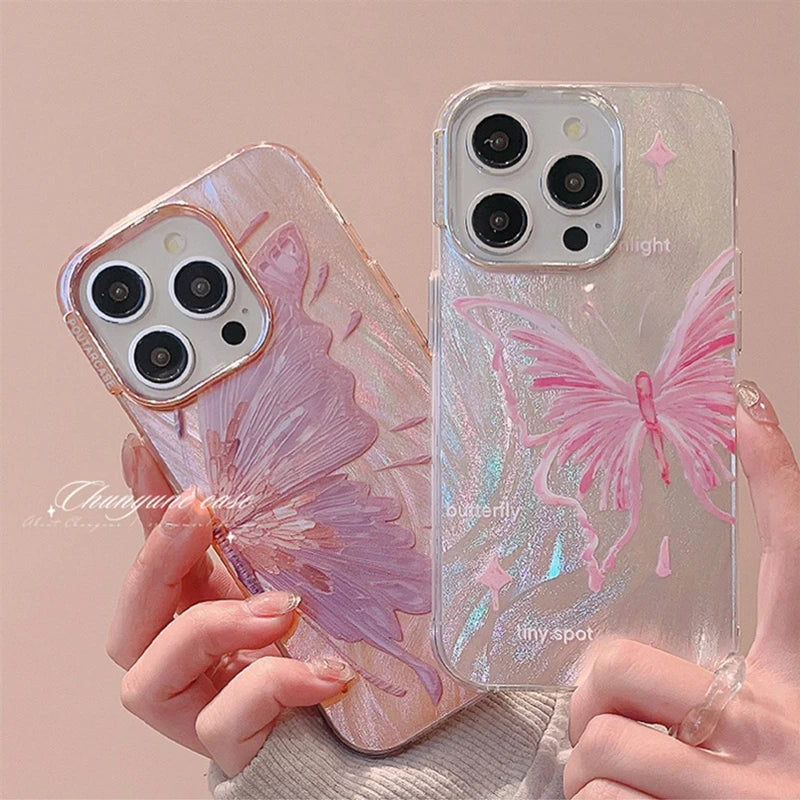 Luxury Pink Butterfly Laser Glitter Phone Case For iPhone 11 12 13 14 15 16 Pro Max Plus Pro Max Fashion Shockproof Bumper Cover