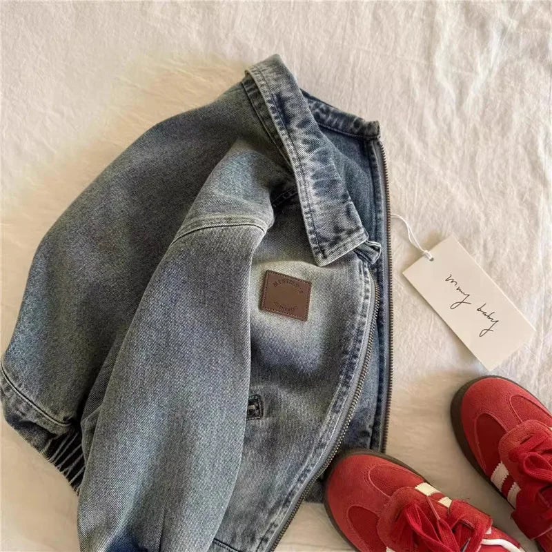 Children Denim Jackets Autumn Fashion Boys Turn Down Collar Zipper Loose Coats Spring Kids Retro Short Outerwear 2-8 Years