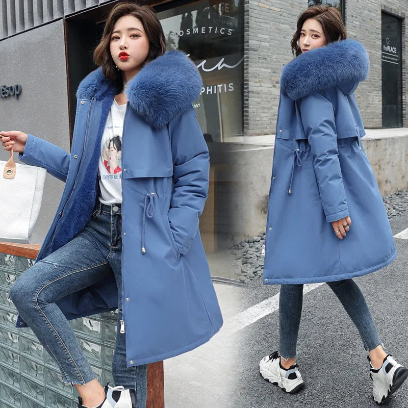 2024 New Women's Winter Parka Jacket, Long Coat with Wool Lining, Hooded Jacket with Fur Collar, Thick Warm Snow Wear, Fashion Parka