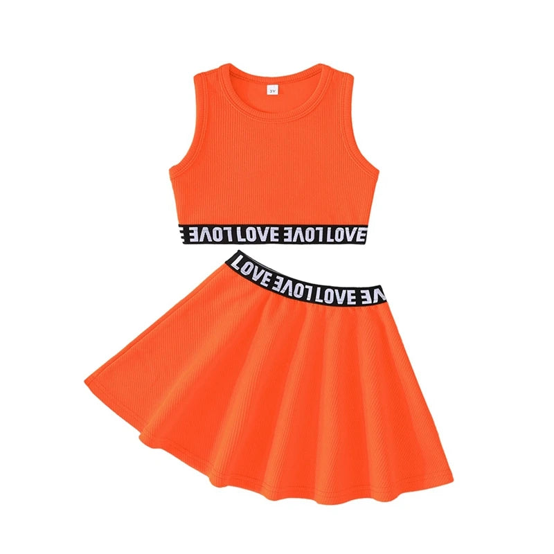 2PCS Children Baby Girl Clothing Set Sweet Sporty Style Round Neck Vest Top+Short Skirt Fashion Summer Outfit for 3-8Y Kids Girl