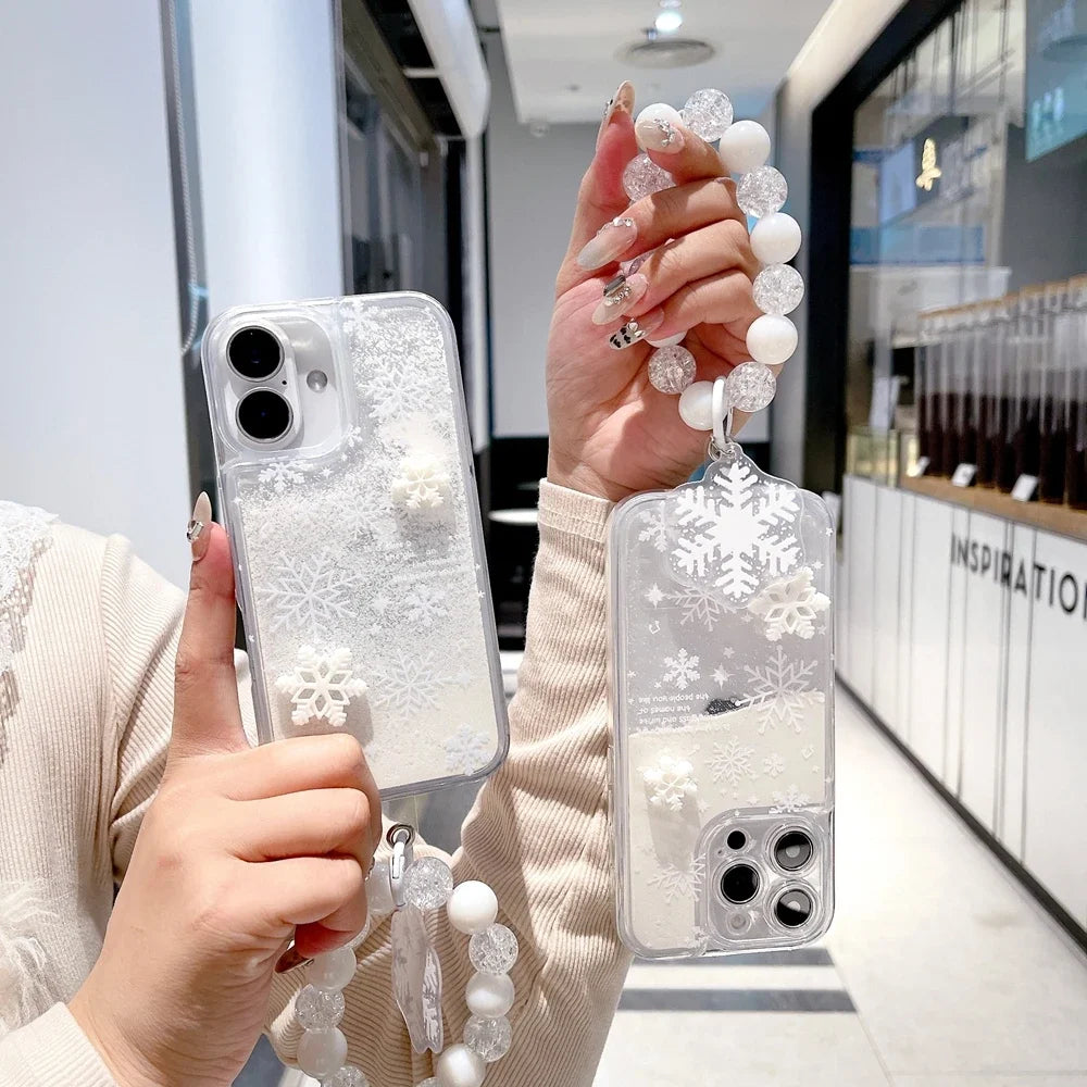 3D Snowman Snowflake Bracelet Quicksand ins Fashion Case for IPhone 16 11 12 13 14 15 Pro Max Plus with Wrist Strap Cover