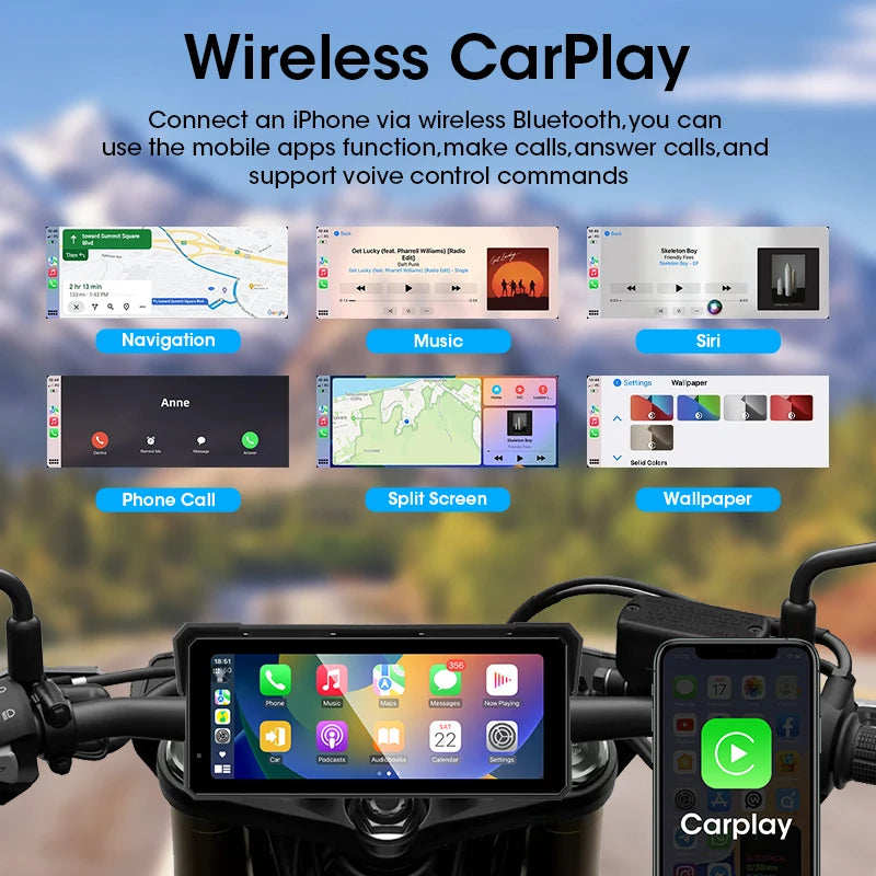 JMCQ Portable 8.1 inch IP67 Waterproof Motorcycle 4K DVR GPS Navigation Wireless Carplay Android Auto Moto Recorder Monitor