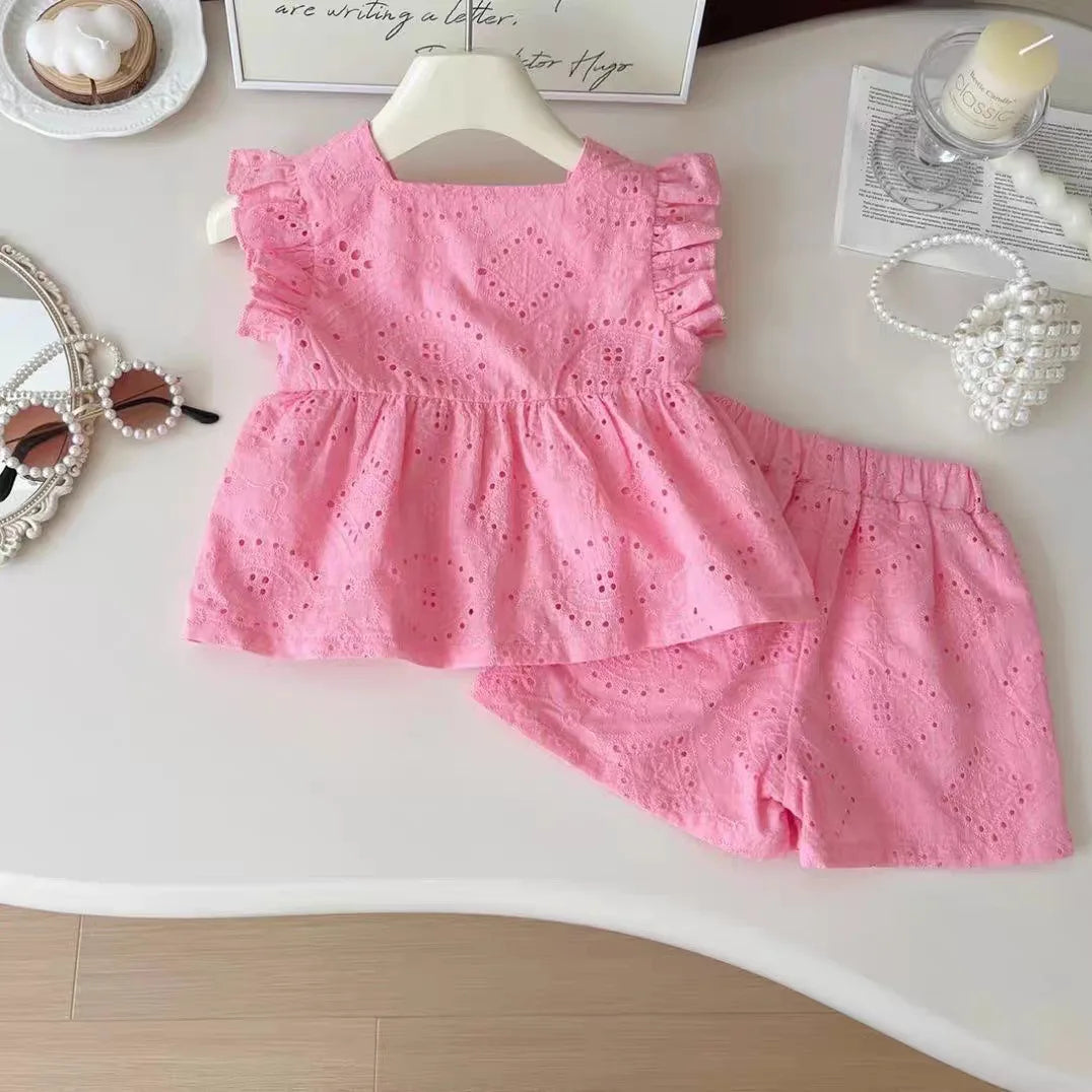 New Korean style girls' summer pink cotton suit baby hollow small flying sleeve top + shorts two-piece sweet baby girl suit