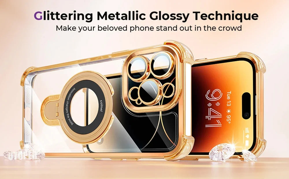 Luxury Golden Platinum TPU Ring Stand Transparent Phone Case for iPhone 16 15 14 13 11 12 Pro Max Plus - Magsafe Magnetic Protective Cover