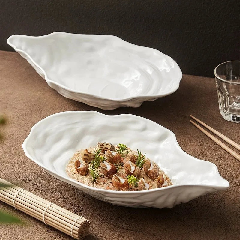 Solid Color Ceramic Oyster Plate, Tableware, Irregular Oyster Shell Salad Bowl, Restaurant Dish, Hotel Seafood Sashimi Plate