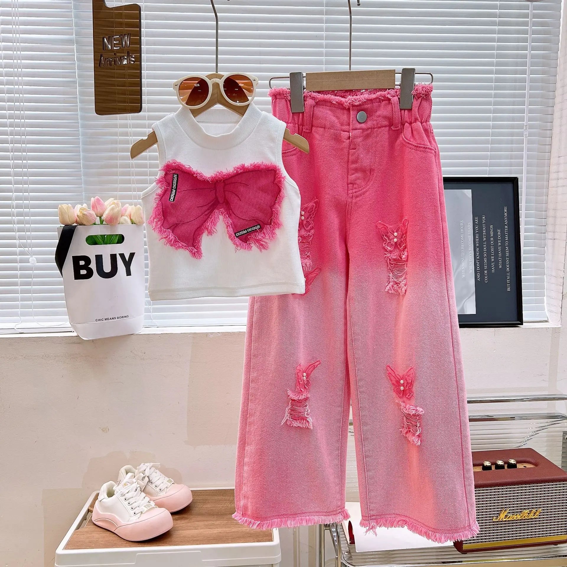 Girls' Summer Clothing Set 2025 Fashion Children's Sleeveless Top+ Ripped Jeans Two-piece Set Baby Clothes