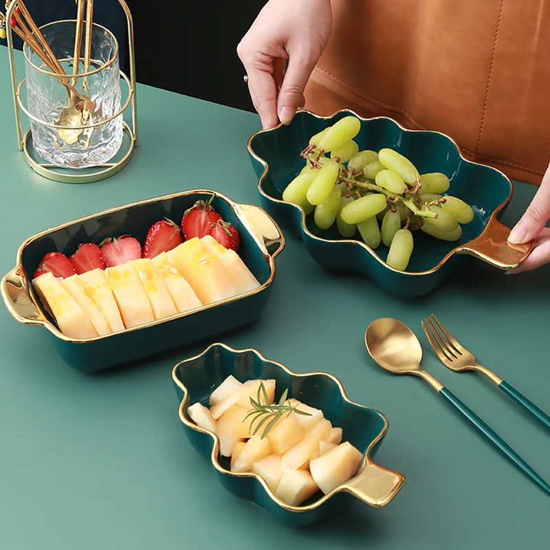 Nordic Light Luxury Plate Storage Plate Home Creative Breakfast Plate Tableware Golden Edge Double Ear Plate Kitchen Supplies
