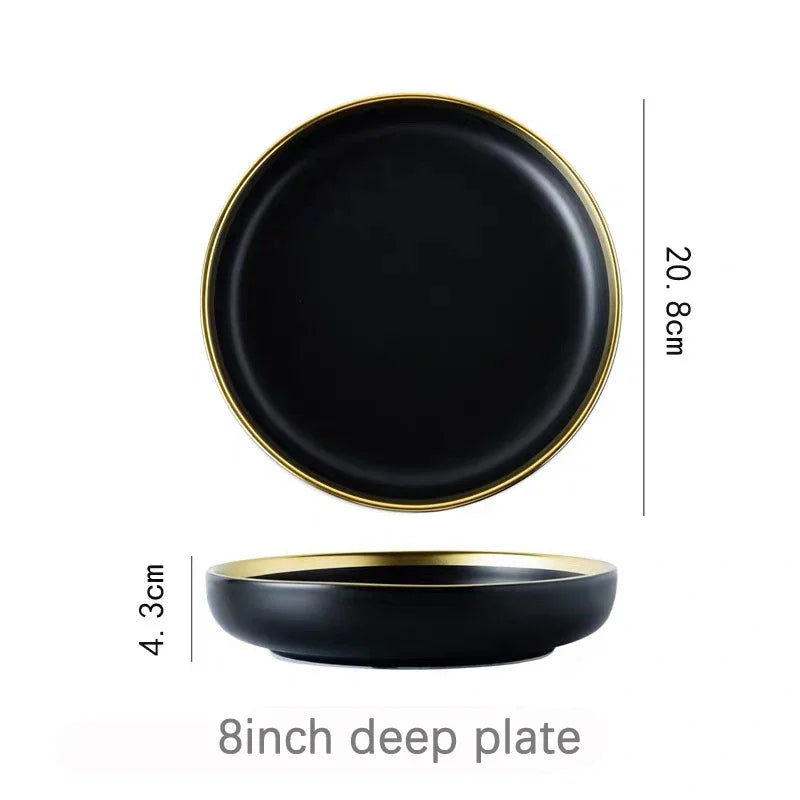 Porcelain Dinner Plates Dishes Plates and Bowls Set Black Tableware Set Food Plate Salad Soup Bowl Dinnerware Set for Restaurant