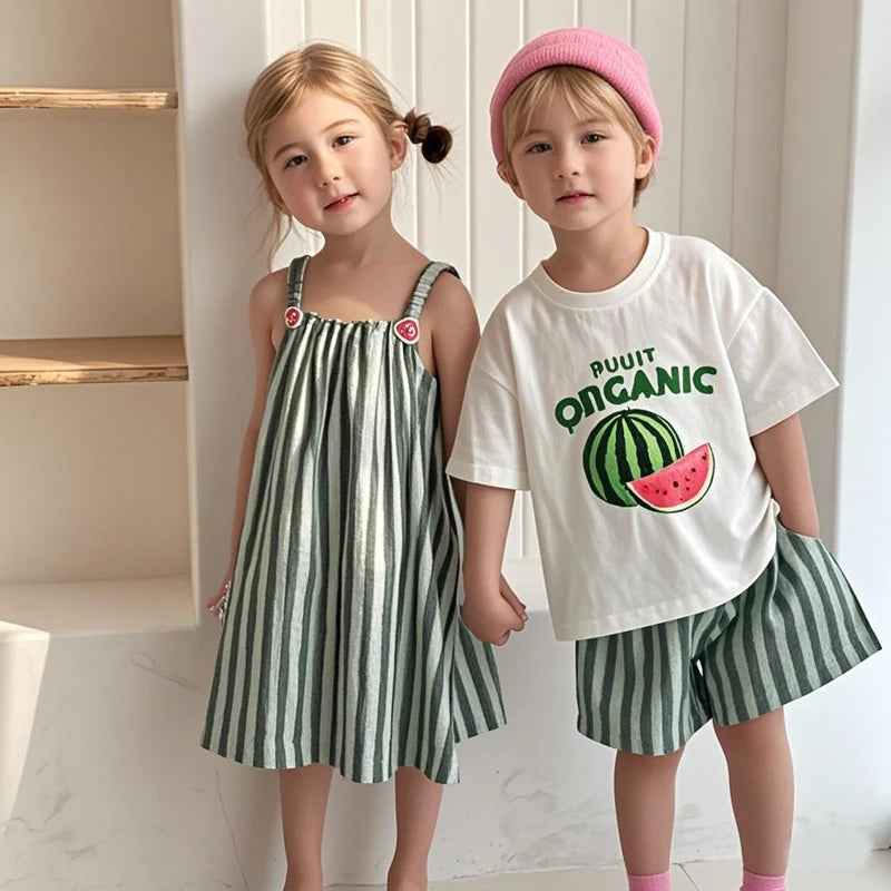 Children Clothes 2025 Summer New Cotton Stripe Baby Girl Suspender Dress Or Boy's Suit Brother And Sister Clothes