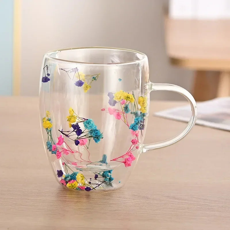 1PCS 300ml Double Wall Glass Cup with Handle Dried Flower Decorated Ins StyleDurable Coffee Milk Mug Heat Resistant Tea Cups