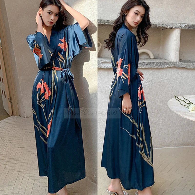 New Spring Summer Female Long Robe Nightgown Sexy Print Flower Kimono Bathrobe Gown Casual Silk Satin Home Dress Lounge Wear