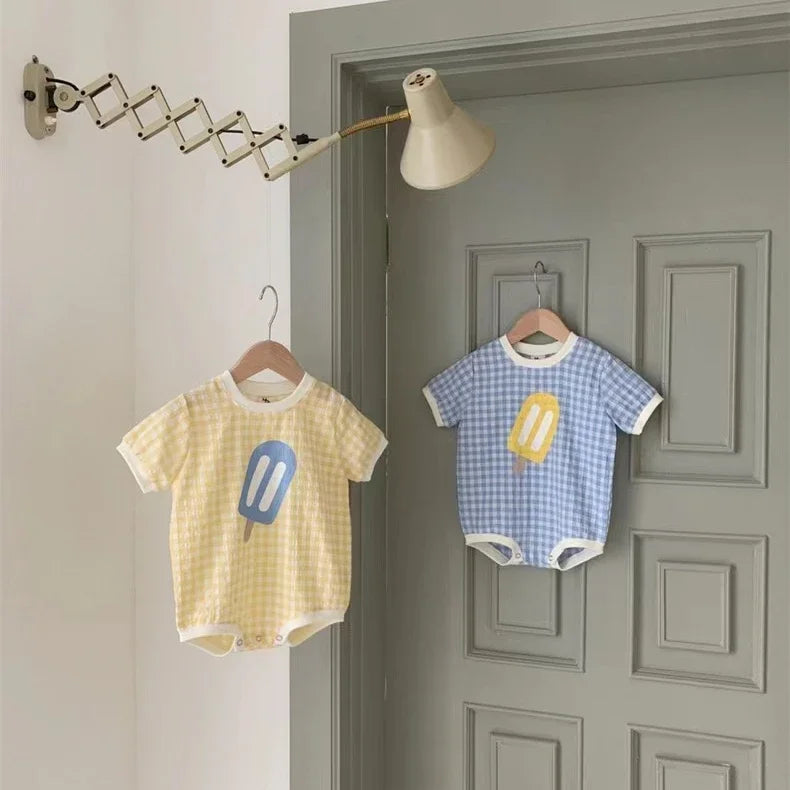 Newborn Baby Girls Boys Short Sleeve Plaid Ice Cream Print Jumpsuits Toddler Cotton Thin Clothing Infant Kids Bodysuits 유아복