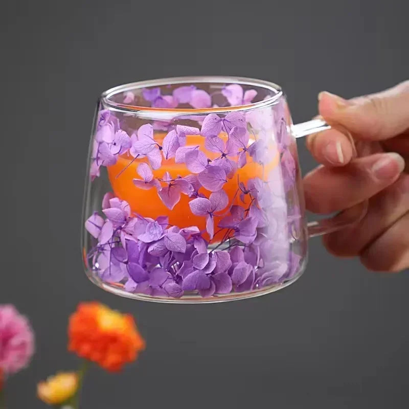 200ml Double Wall Coffee Mug with Handles Transparent Flowers Clear Milk Cups Fill Artificial Simulation Drinkware Glass for Bar
