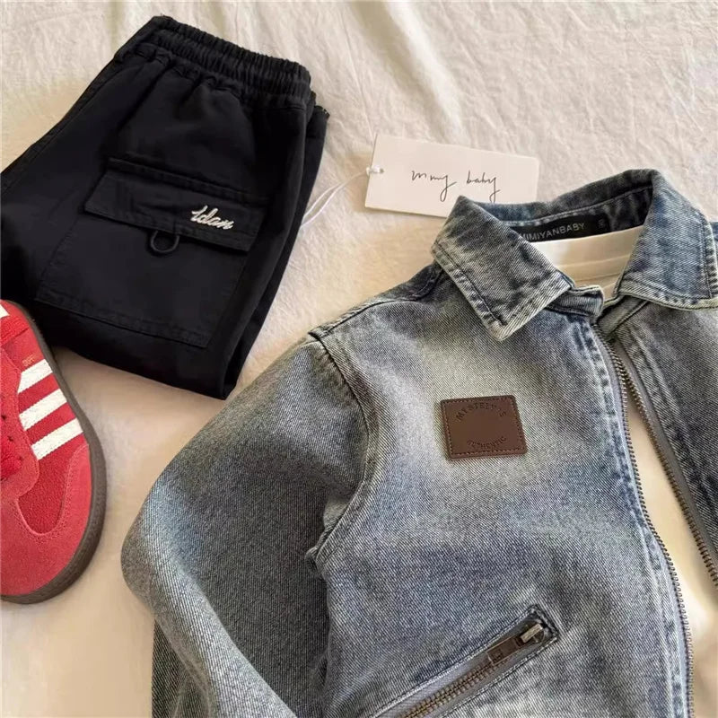 Children Denim Jackets Autumn Fashion Boys Turn Down Collar Zipper Loose Coats Spring Kids Retro Short Outerwear 2-8 Years