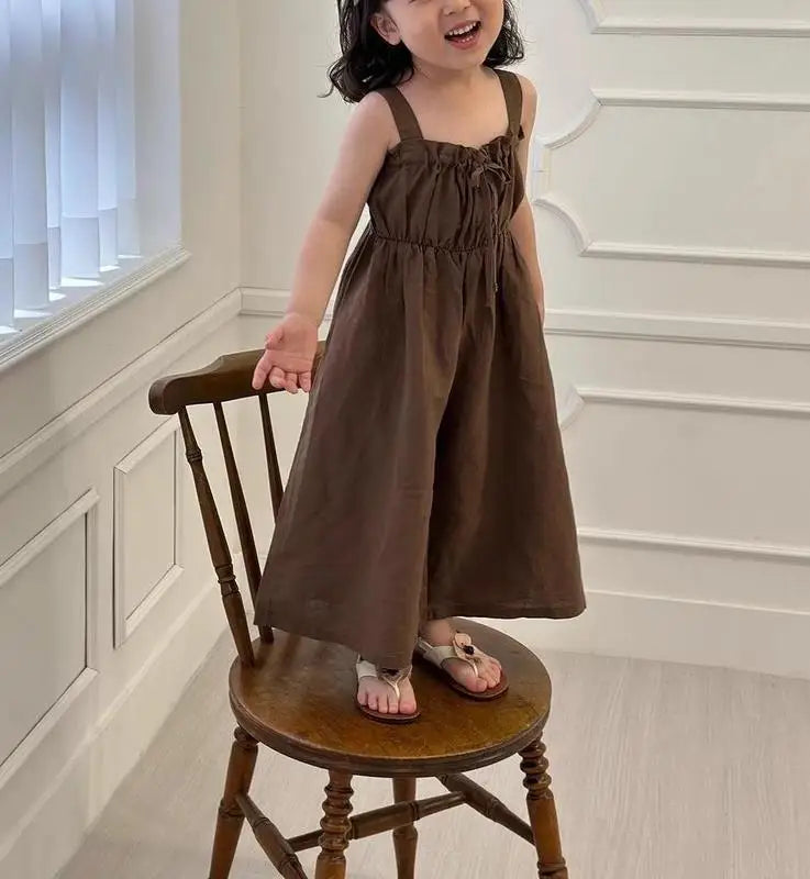 2025 Summer New Girls Jumpsuit Loose Children Wide Leg Pants Cotton Baby Girls Sling Pants Fashion Kids Clothes