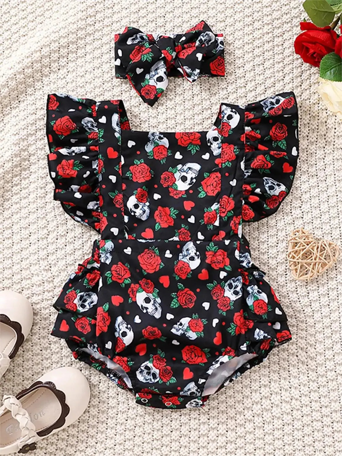 Summer Newborn Baby Clothes Pink Skull Pumpkin Sweetheart Flying Sleeves Triangle Romper Jumpsuit